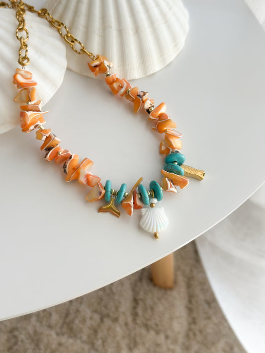 Coral & Turquoise Seashell Necklace