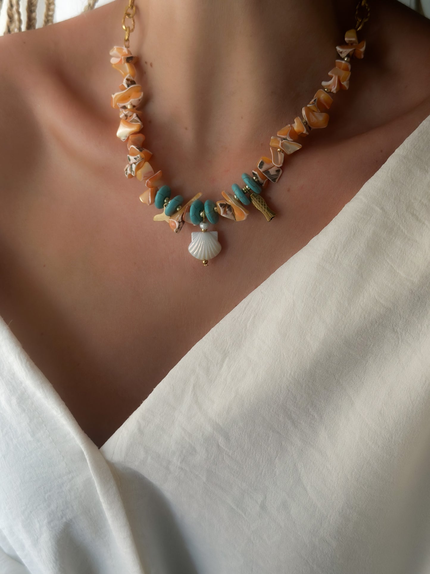 Coral & Turquoise Seashell Necklace