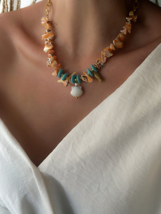 Coral & Turquoise Seashell Necklace